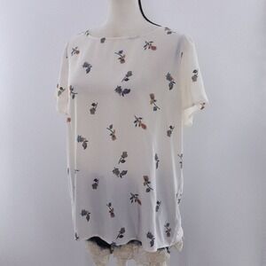 LOFT Women's Cream Floral Print Short‎ Sleeve Top Size L Chiffon